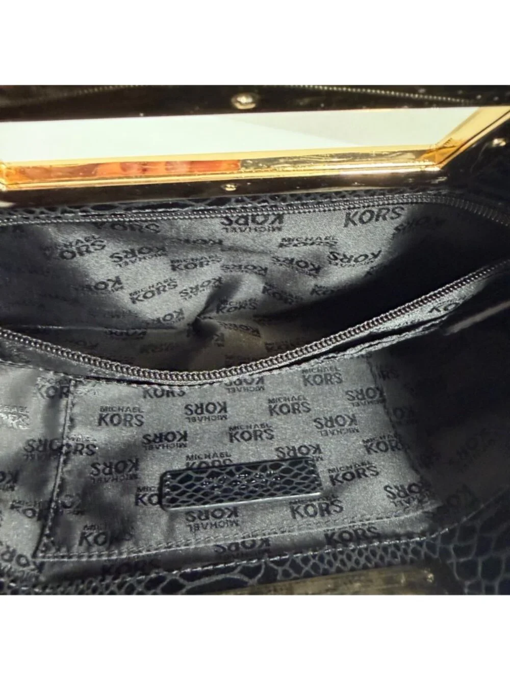 MICHAEL KORS - Berkeley Clutch Bag Black Snakeskin Pattern Patent Leather Gold